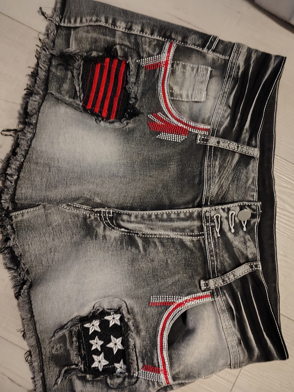 Men's Distressed Gray Denim Shorts with Red and Black Accent